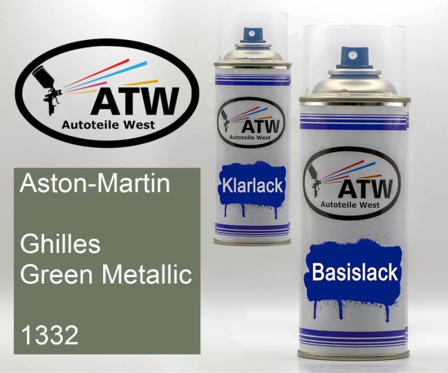 Aston-Martin, Ghilles Green Metallic, 1332: 400ml Sprühdose + 400ml Klarlack - Set, von ATW Autoteile West.